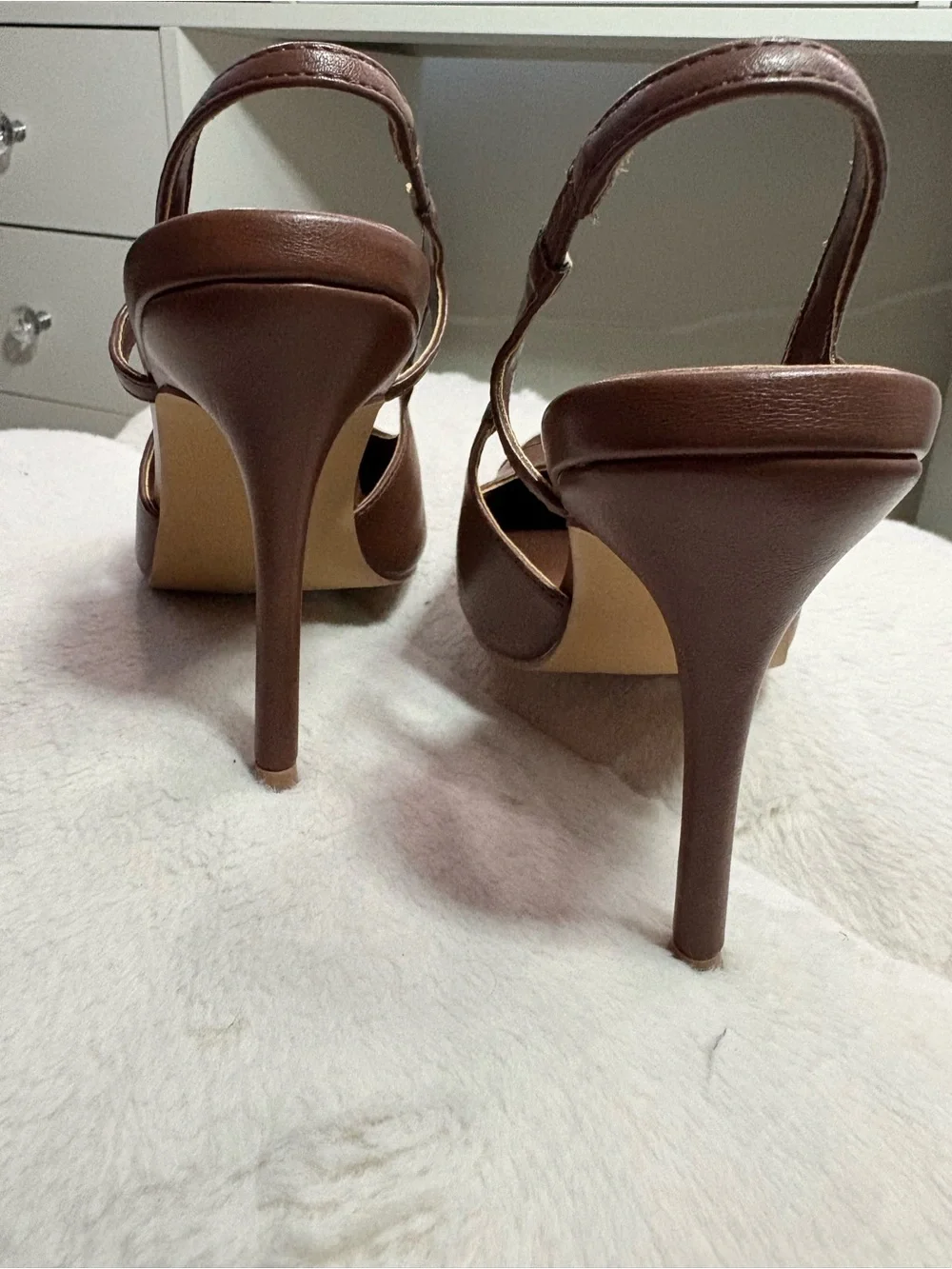 Shoe Dazzle Brown Pointed Toe Slingback Pumps with Gold Cap